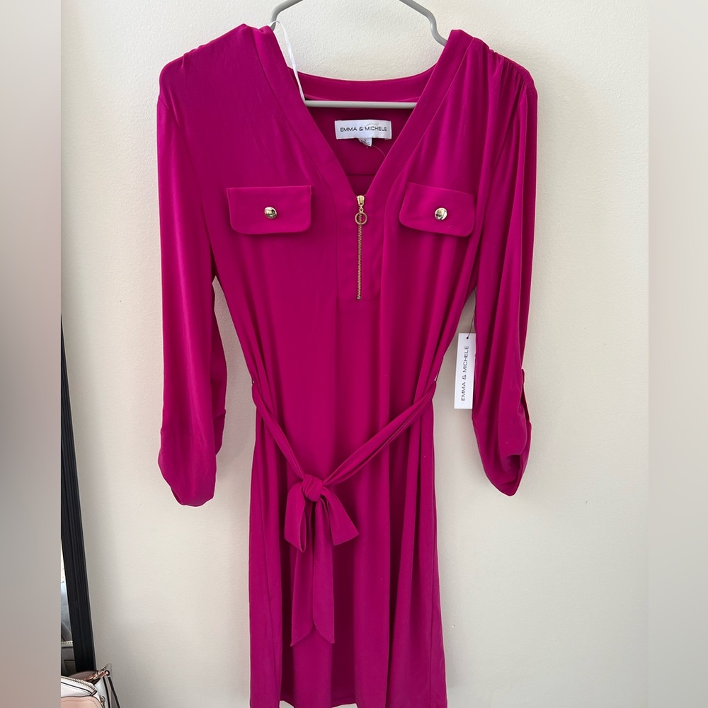NWT Pink Dress Gold Zipper Tie Waist Small